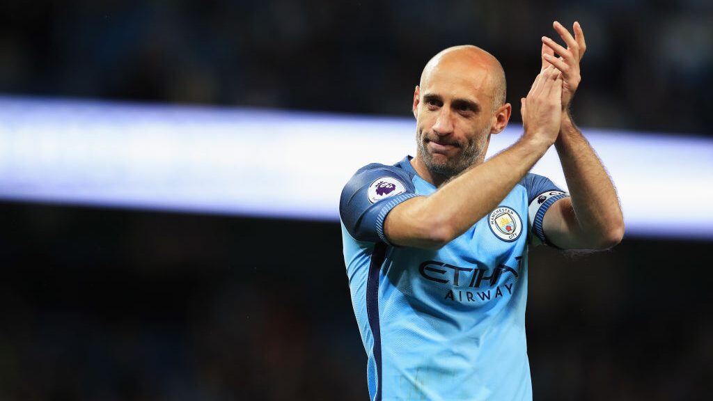 MANCHESTER, ENGLAND - MAY 16: Pablo Zabaleta of Manchester City shows appreciation to the fans after the Premier League match between Manchester City and West Bromwich Albion at Etihad Stadium on May 16, 2017 in Manchester, England.  (Photo by Matthew Lewis/Getty Images)