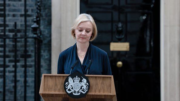 LONDON, ENGLAND - OCTOBER 20: Prime Minister Liz Truss delivers her resignation speech at Downing Street on October 20, 2022 in London, England. Liz Truss has been the UK Prime Minister for just 44 days and has had a tumultuous time in office. Her mini-budget saw the GBP fall to its lowest-ever level against the dollar, increasing mortgage interest rates and deepening the cost-of-living crisis. She responded by sacking her Chancellor Kwasi Kwarteng, whose replacement announced a near total reversal of the previous policies. Yesterday saw the departure of Home Secretary Suella Braverman and a chaotic vote in the House of Commons chamber. (Photo by Rob Pinney/Getty Images)