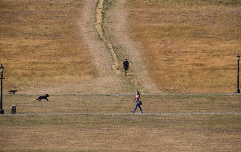 Personas caminan por un parque seco en la capital de Inglaterra