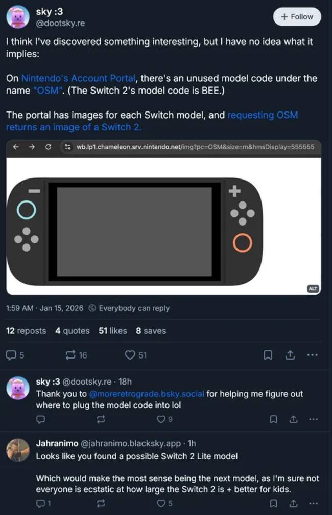 Descubrimiento de código en el sitio del portal de Nintendo Account(Fuente de la imagen: cuenta de Bluesky)