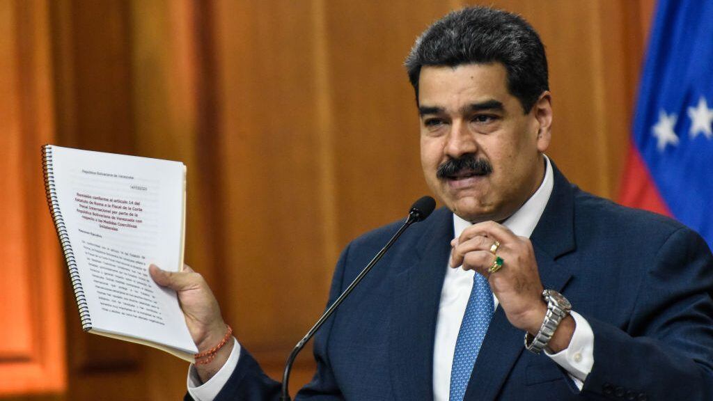 CARACAS, VENEZUELA - FEBRUARY 14: President of Venezuela Nicolas Maduro speaks during a press conference at Miraflores Palace on February 14, 2020 in Caracas, Venezuela. (Photo by Carolina Cabral/Getty Images)