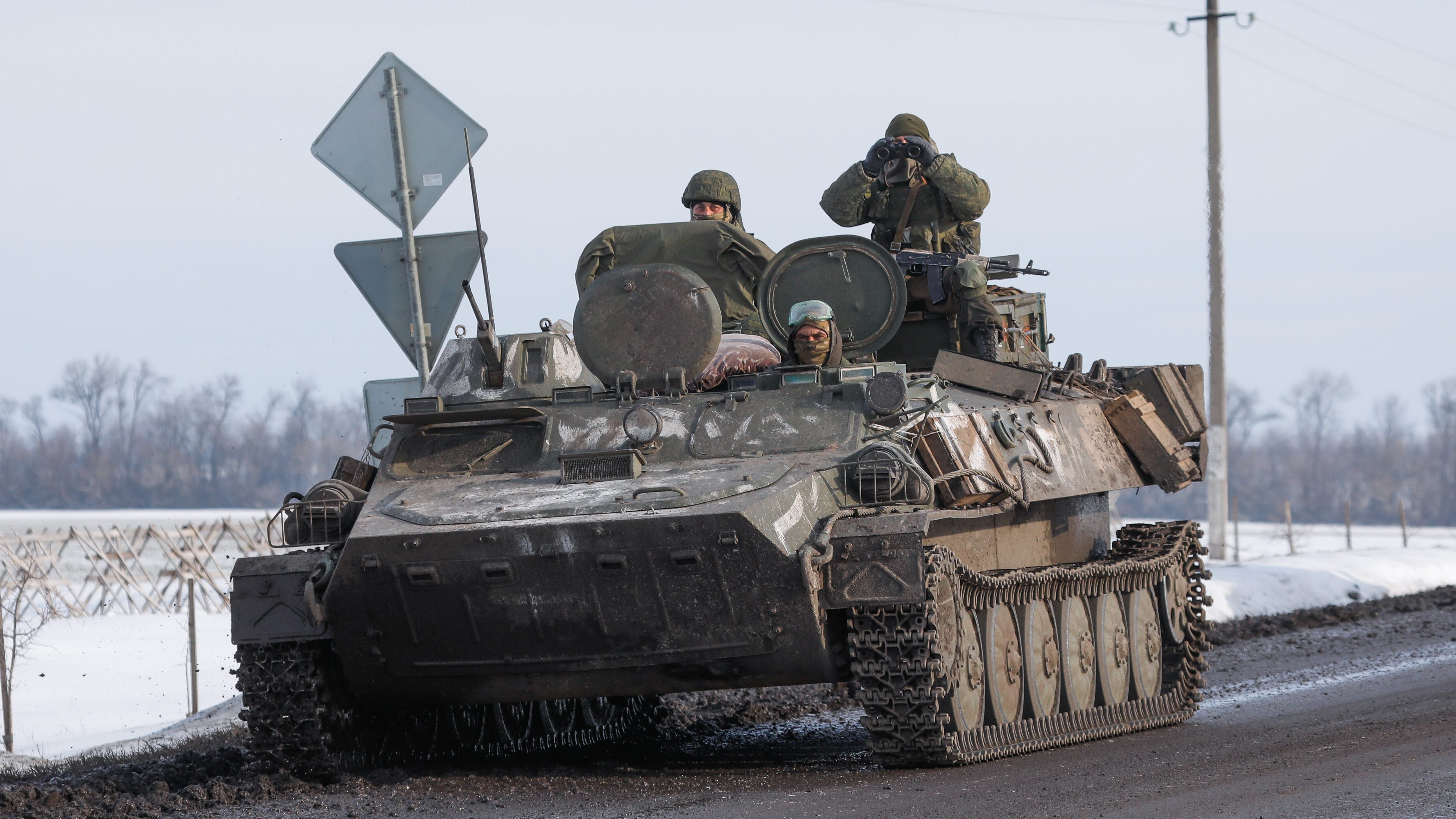BELGOROD REGION, RUSSIA - FEBRUARY 26, 2022: A Russian military vehicle is seen near the village of Oktyabrsky, Belgorod Region, near the Russian-Ukrainian border. Early on 24 February, Russia's President Putin announced his decision to launch a special military operation after considering requests from the leaders of the Donetsk People's Republic and the Lugansk People's Republic. Anton Vergun/TASS (Photo by Anton VergunTASS via Getty Images)