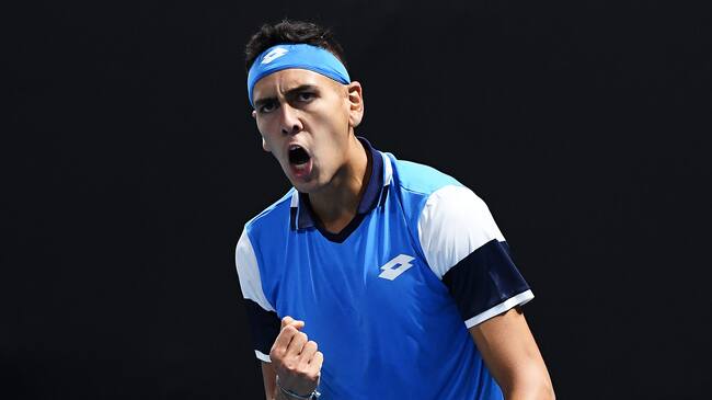 MELBOURNE, AUSTRALIA - JANUARY 21: Alejandro Tabilo of Chile celebrates after winning a point during his Men's Singles first round match against Daniel Elahi Galan of Colombia on day two of the 2020 Australian Open at Melbourne Park on January 21, 2020 in Melbourne, Australia. (Photo by Quinn Rooney/Getty Images)
