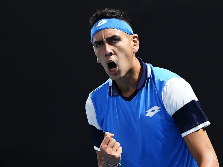 MELBOURNE, AUSTRALIA - JANUARY 21:  Alejandro Tabilo of Chile celebrates after winning a point during his Men&#039;s Singles first round match against Daniel Elahi Galan of Colombia on day two of the 2020 Australian Open at Melbourne Park on January 21, 2020 in Melbourne, Australia. (Photo by Quinn Rooney/Getty Images)