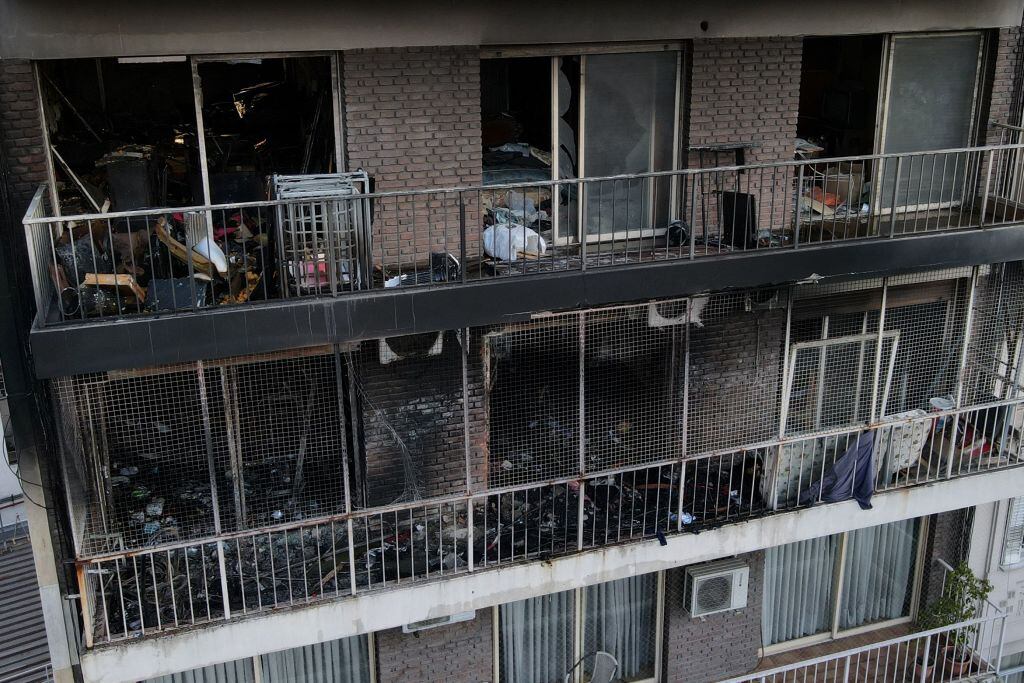 Aerial view of an apartment building after a fire at Recoleta neighborhood in Buenos Aires, on June 23, 2022. - At least two women and three children were killed and 18 people were injured in a fire at an apartment building in Buenos Aires on Thursday. (Photo by Magali CERVANTES / AFP) (Photo by MAGALI CERVANTES/AFP via Getty Images)