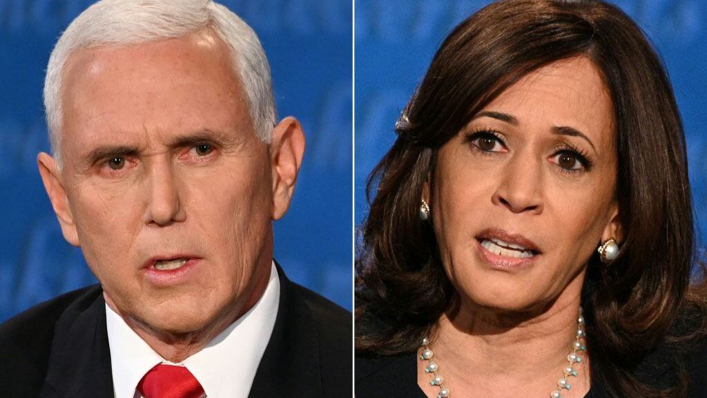 (COMBO) This combination of pictures created on October 07, 2020 shows US Vice President Mike Pence and US Democratic vice presidential nominee and Senator from California Kamala Harris during the vice presidential debate in Kingsbury Hall at the University of Utah on October 7, 2020 in Salt Lake City, Utah. (Photos by Eric BARADAT and Robyn Beck / AFP) (Photo by ERIC BARADAT,ROBYN BECK/AFP via Getty Images)