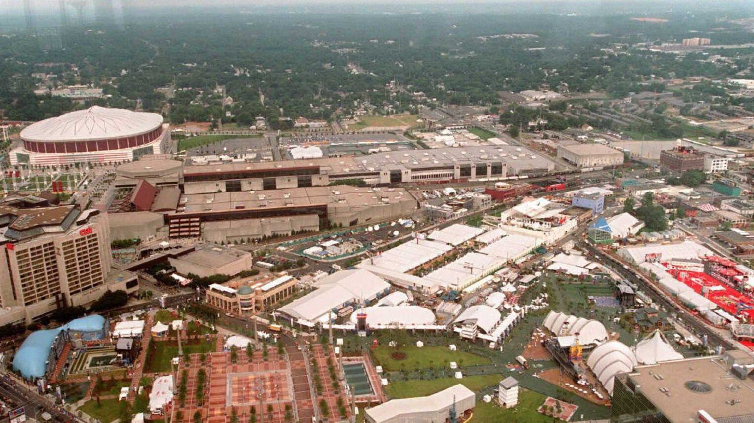ATLANTA, UNITED STATES:  This aerial view shows the Olympic Centennial Park in Atlanta 17 July. The park is expected to attract some 200,000 visitors a day over the Olympic Games period.  AFP PHOTO Menahem KAHANA (Photo credit should read MENAHEM KAHANA/AFP via Getty Images)