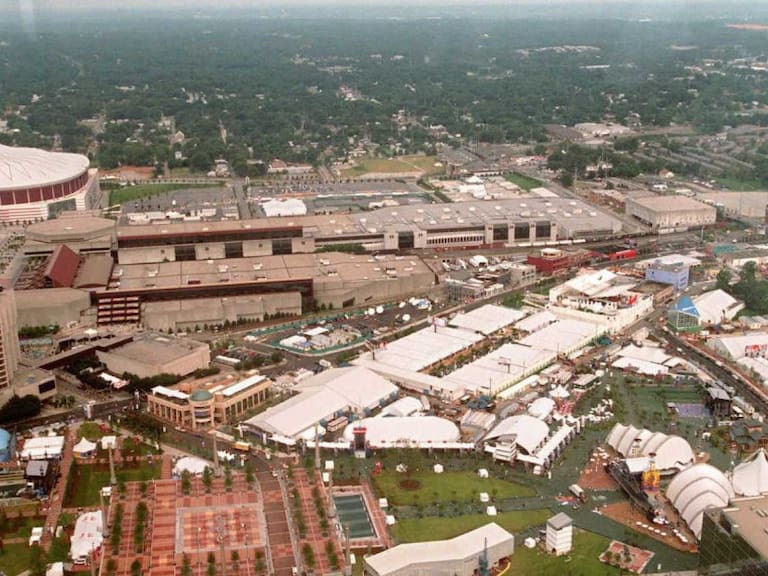 ATLANTA, UNITED STATES: This aerial view shows the Olympic Centennial Park in Atlanta 17 July. The park is expected to attract some 200,000 visitors a day over the Olympic Games period. AFP PHOTO Menahem KAHANA (Photo credit should read MENAHEM KAHANA/AFP via Getty Images)