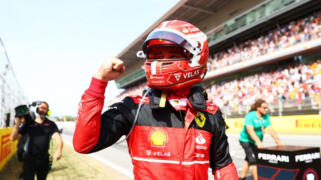 BARCELONA, SPAIN - MAY 21: Pole position qualifier Charles Leclerc of Monaco and Ferrari celebrates in parc ferme during qualifying ahead of the F1 Grand Prix of Spain at Circuit de Barcelona-Catalunya on May 21, 2022 in Barcelona, Spain. (Photo by Dan Istitene - Formula 1/Formula 1 via Getty Images)