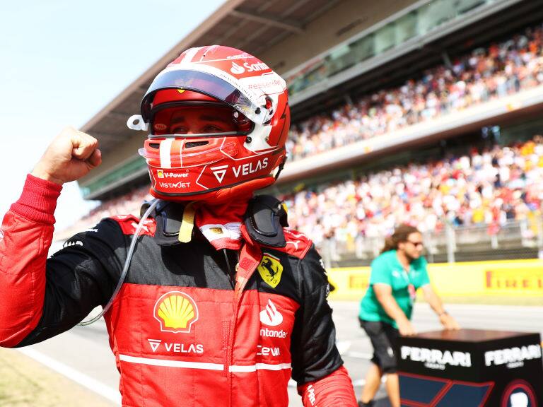 BARCELONA, SPAIN - MAY 21: Pole position qualifier Charles Leclerc of Monaco and Ferrari celebrates in parc ferme during qualifying ahead of the F1 Grand Prix of Spain at Circuit de Barcelona-Catalunya on May 21, 2022 in Barcelona, Spain. (Photo by Dan Istitene - Formula 1/Formula 1 via Getty Images)