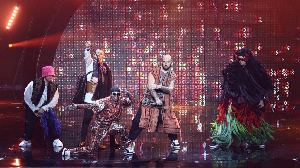 10 May 2022, Italy, Turin: The Kalsuh Orchestra from Ukraine performs with the title Stefania at the first semi-final of the Eurovision Song Contest (ESC). The international music competition is taking place for the 66th time. In the first semifinal, participants from 17 countries will play music to reach the final. The first ten will advance. Photo: Jens Büttner/dpa (Photo by Jens Büttner/picture alliance via Getty Images)