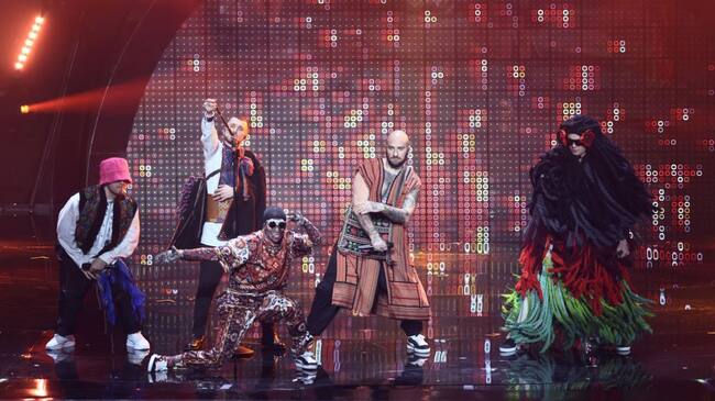 10 May 2022, Italy, Turin: The Kalsuh Orchestra from Ukraine performs with the title Stefania at the first semi-final of the Eurovision Song Contest (ESC). The international music competition is taking place for the 66th time. In the first semifinal, participants from 17 countries will play music to reach the final. The first ten will advance. Photo: Jens Büttner/dpa (Photo by Jens Büttner/picture alliance via Getty Images)