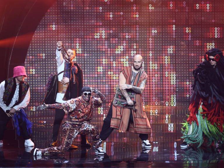 10 May 2022, Italy, Turin: The Kalsuh Orchestra from Ukraine performs with the title Stefania at the first semi-final of the Eurovision Song Contest (ESC). The international music competition is taking place for the 66th time. In the first semifinal, participants from 17 countries will play music to reach the final. The first ten will advance. Photo: Jens Büttner/dpa (Photo by Jens Büttner/picture alliance via Getty Images)