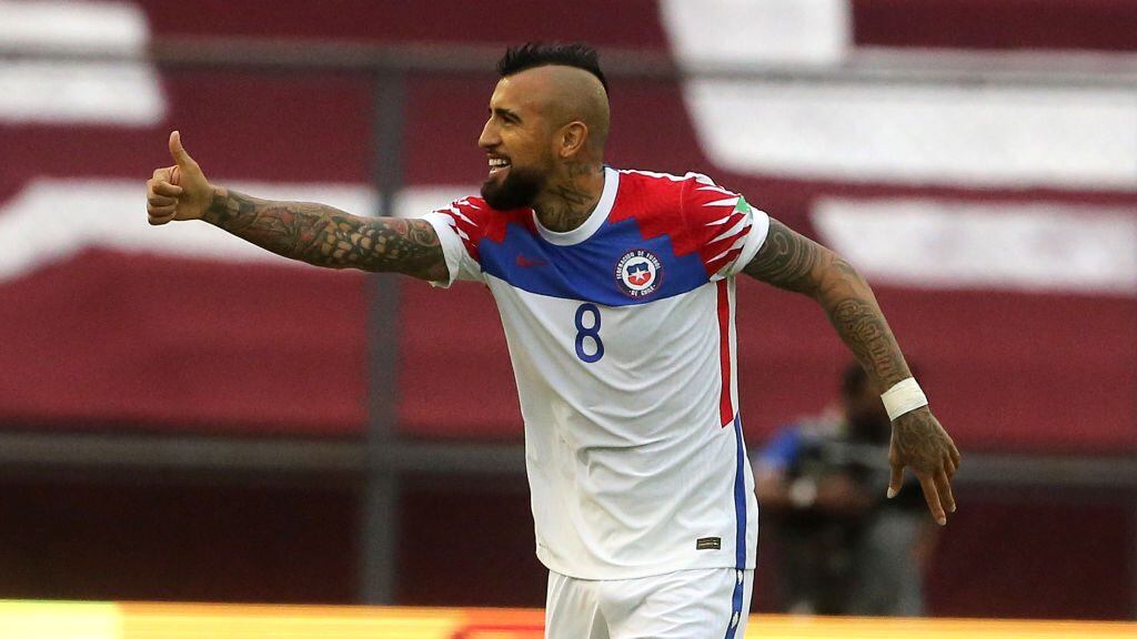 CARACAS, VENEZUELA - NOVEMBER 17: Arturo Vidal of Chile celebrates after scoring the first goal of his team during a match between Venezuela and Chile as part of South American Qualifiers for World Cup FIFA Qatar 2022 at Estadio Olímpico on November 17, 2020 in Caracas, Venezuela. (Photo by Edilzon Gamez/Getty Images)