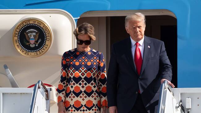 WEST PALM BEACH, FLORIDA - JANUARY 20: Outgoing U.S. President Donald Trump and First Lady Melania Trump exit Air Force One at the Palm Beach International Airport on the way to Mar-a-Lago Club on January 20, 2020 in West Palm Beach, Florida. Trump left Washington, DC on the last day of his administration before Joe Biden was sworn-in as the 46th president of the United States. (Photo by Noam Galai/Getty Images)