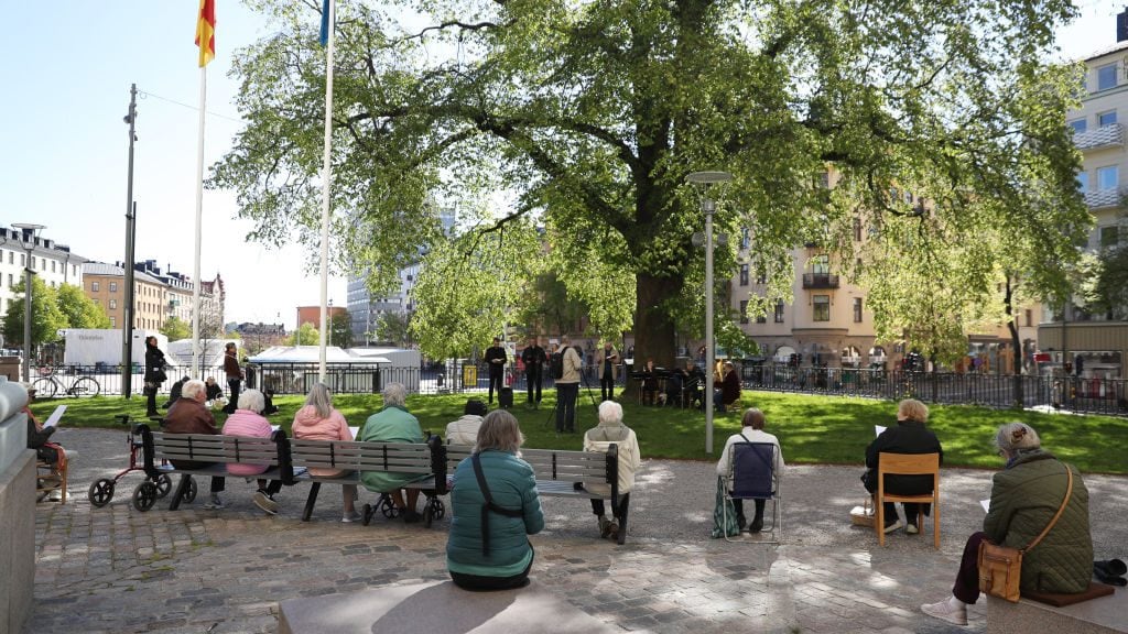 STOCKHOLM, SWEDEN - MAY 21: A general view as people take part in the Ascension Day Church Service at Gustav Vasa Church on May 21, 2020 in Stockholm, Sweden. Sweden, a country of about 10 million people, has maintained more of an open society as it grappled with the coronavirus pandemic. It is one of several European countries observing the Ascension Day public holiday on Thursday. (Photo by Linnea Rheborg/Getty Images)