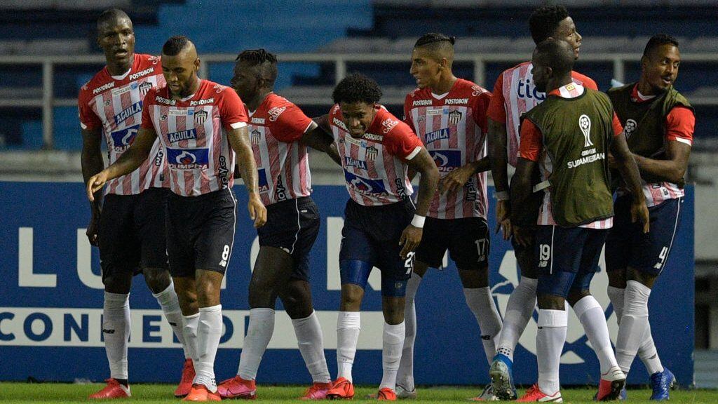Colombia's Junior Edwuin Cetre (3-L) celebrates with teammates after scoring against Chile's Union La Calera during their closed-door Copa Sudamericana round before the quarterfinals football match at the Roberto Melendez stadium in Barranquilla, Colombia, on November 26, 2020. (Photo by Raul ARBOLEDA / AFP) (Photo by RAUL ARBOLEDA/AFP via Getty Images)