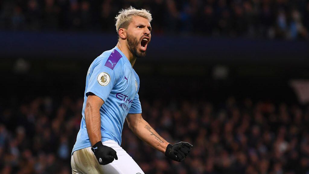 MANCHESTER, ENGLAND - JANUARY 18: Sergio Aguero of Manchester City celebrates scoring his first goal during the Premier League match between Manchester City and Crystal Palace at Etihad Stadium on January 18, 2020 in Manchester, United Kingdom. (Photo by Laurence Griffiths/Getty Images)