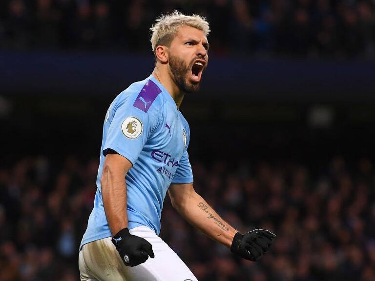 MANCHESTER, ENGLAND - JANUARY 18: Sergio Aguero of Manchester City celebrates scoring his first goal during the Premier League match between Manchester City and Crystal Palace at Etihad Stadium on January 18, 2020 in Manchester, United Kingdom. (Photo by Laurence Griffiths/Getty Images)