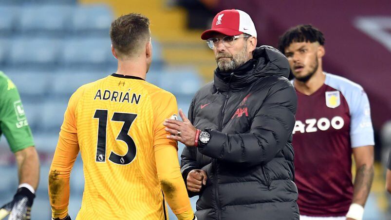 Liverpool manager Jurgen Klopp and goalkeeper Adrian after the Premier League match at Villa Park, Birmingham. (Photo by Peter Powell/PA Images via Getty Images)