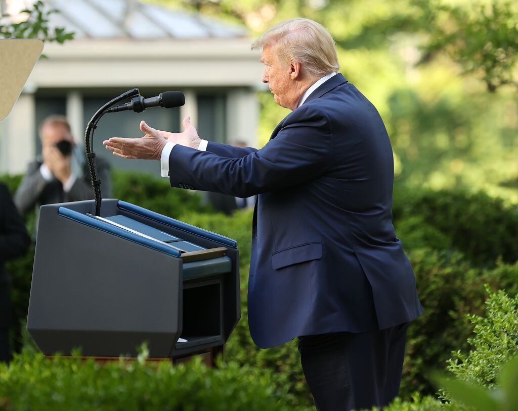 WASHINGTON, DC - JUNE 01: U.S. President DonaldTrump makes a statement in the Rose Garden about the ongoing unrest across the nation on June 1, 2020 in Washington, DC. Minneapolis police officer Derek Chauvin was charged with the third-degree murder of George Floyd, a black man, who died while in police custody in Minneapolis on May 25th. (Photo by Chip Somodevilla/Getty Images)