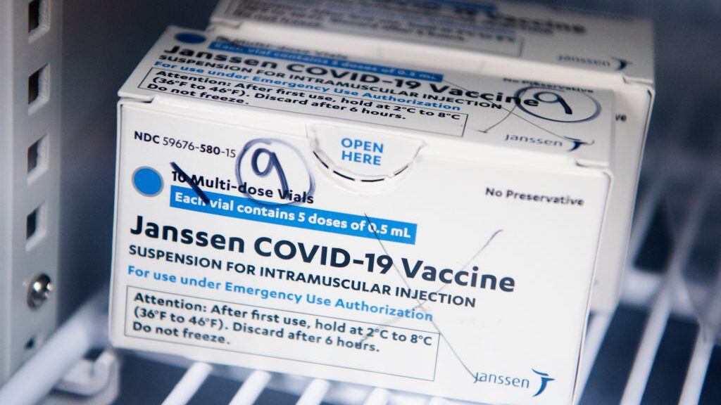 UNITED STATES - APRIL 12: A box of Johnson &amp; Johnson's Janssen COVID-19 vaccine doses are pictured at Grubb's Pharmacy on Capitol Hill on Monday, April 12, 2021. (Photo By Tom Williams/CQ-Roll Call, Inc via Getty Images)