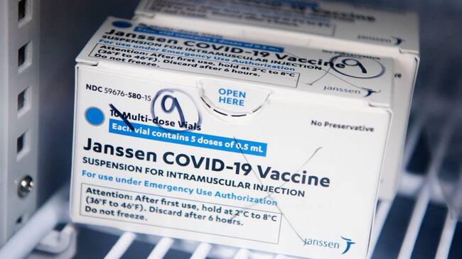 UNITED STATES - APRIL 12: A box of Johnson & Johnson's Janssen COVID-19 vaccine doses are pictured at Grubb's Pharmacy on Capitol Hill on Monday, April 12, 2021. (Photo By Tom Williams/CQ-Roll Call, Inc via Getty Images)