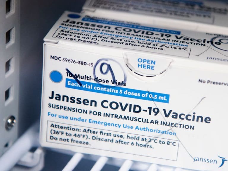 UNITED STATES - APRIL 12: A box of Johnson &amp; Johnson&#039;s Janssen COVID-19 vaccine doses are pictured at Grubb&#039;s Pharmacy on Capitol Hill on Monday, April 12, 2021. (Photo By Tom Williams/CQ-Roll Call, Inc via Getty Images)