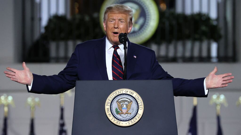WASHINGTON, DC - AUGUST 27: U.S. President Donald Trump delivers his acceptance speech for the Republican presidential nomination on the South Lawn of the White House August 27, 2020 in Washington, DC. Trump gave the speech in front of 1500 invited guests.  (Photo by Chip Somodevilla/Getty Images)