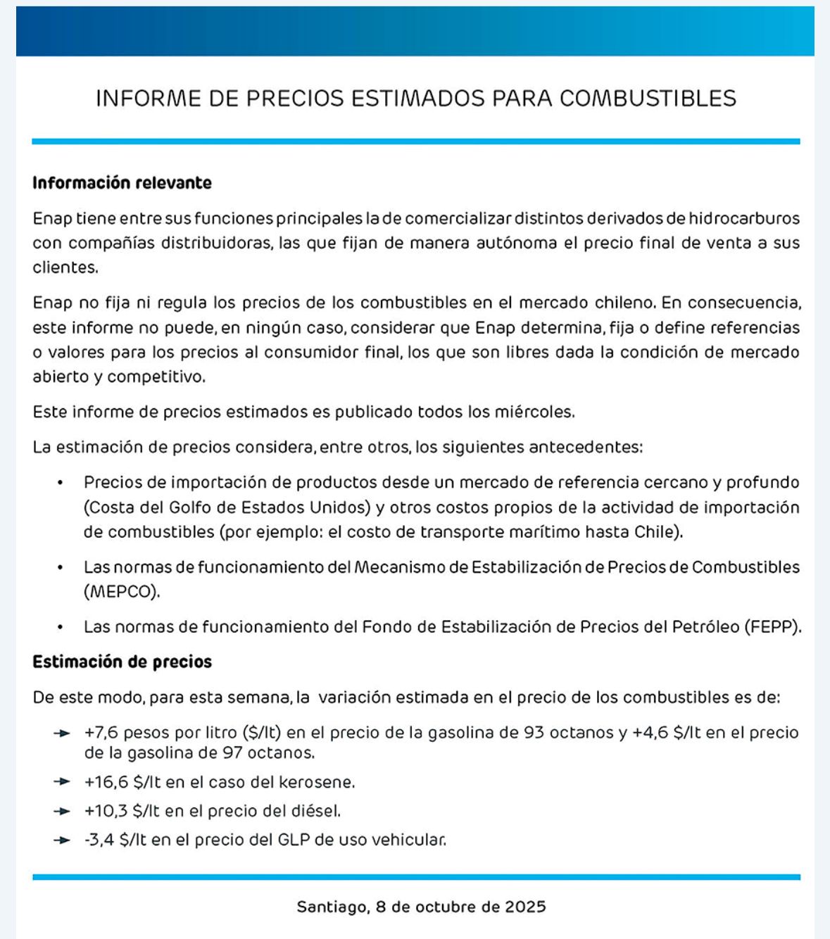 Las bencinas en la primera semana de octubre