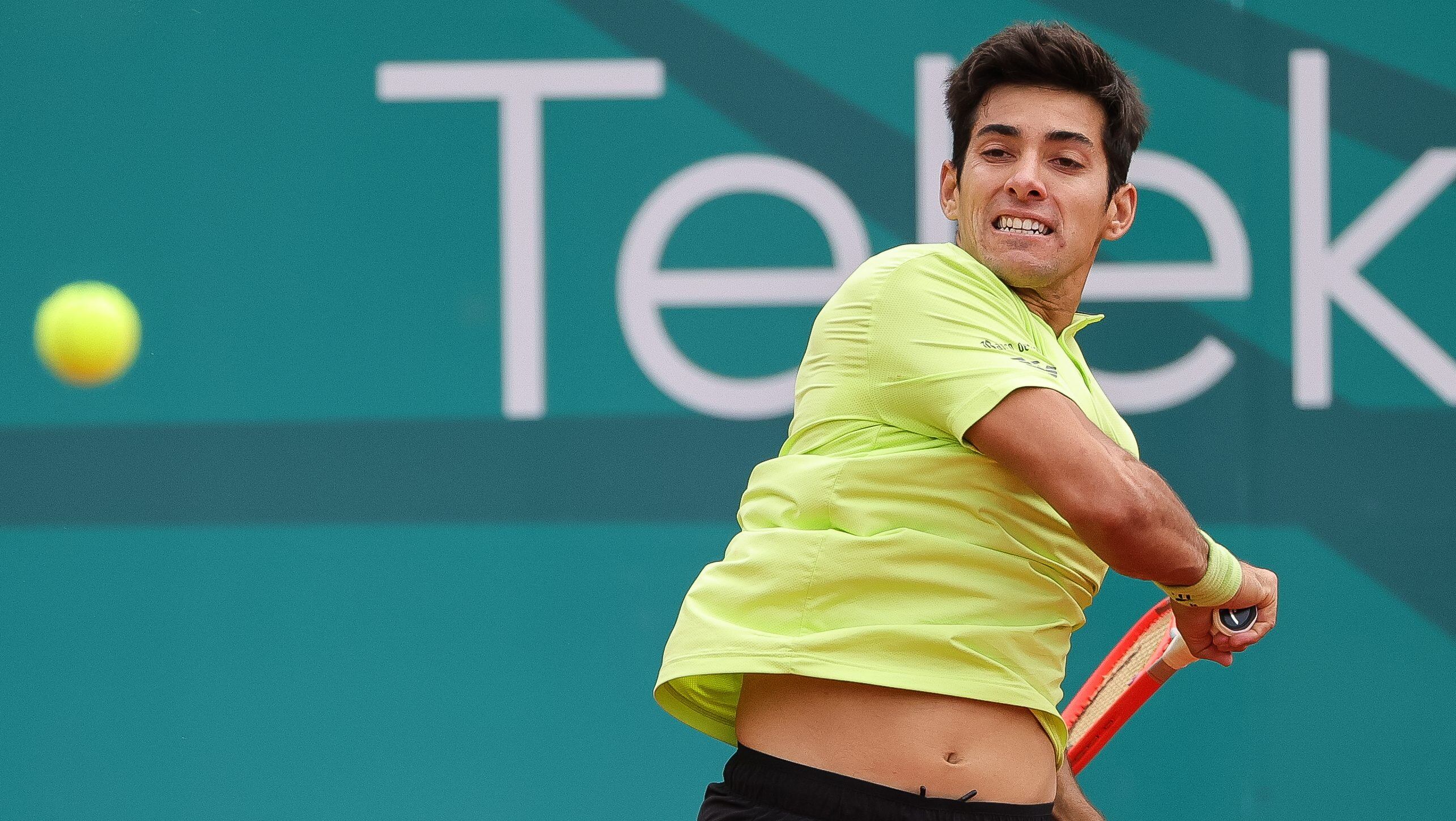 BELGRADE, SERBIA - APRIL 18: Cristian Garin of Chile in action against Holger Rune of denmark during day one of the Serbia Open ATP 250 Tournament at Novak Tennis Centre on April 18, 2022 in Belgrade, Serbia. (Photo by Srdjan Stevanovic/Getty Images)