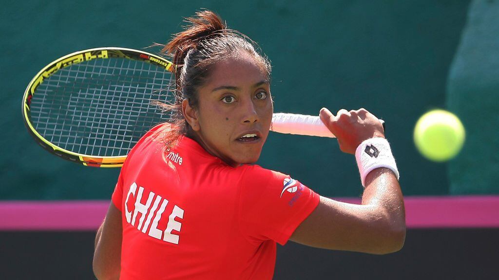 TOLUCA, MEXICO - FEBRUARY 08: Daniela Seguel of Chile takes a shot during the third day of the Tennis Fed Cup, American Zone Group 1 at Club Deportivo La Asuncion, on February 08, 2017 in Toluca, Mexico. (Photo by Jaime Lopez/Jam Media/Latin Content/Getty Images)