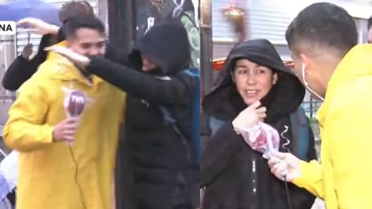Periodista de TVN saca aplausos tras notable gesto con afectada por la lluvia en Santiago: “Más hombres como él, por favor”