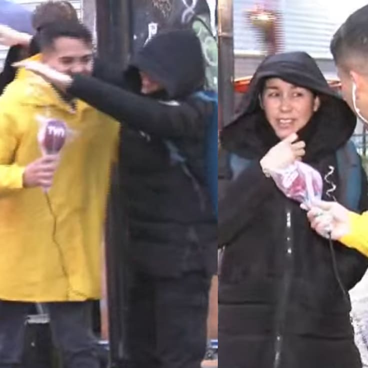 Periodista de TVN saca aplausos tras notable gesto con afectada por la lluvia en Santiago: “Más hombres como él, por favor”