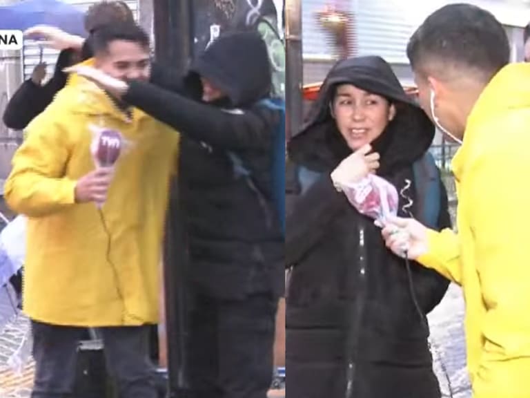 Periodista de TVN saca aplausos tras notable gesto con afectada por la lluvia en Santiago: “Más hombres como él, por favor”