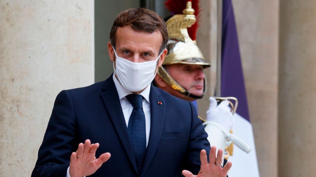 French President Emmanuel Macron gestures as he accompanies out the Estonian prime minister following their meeting at the Elysee Palace in Paris, on October 28, 2020. (Photo by Ludovic MARIN / AFP) (Photo by LUDOVIC MARIN/AFP via Getty Images)