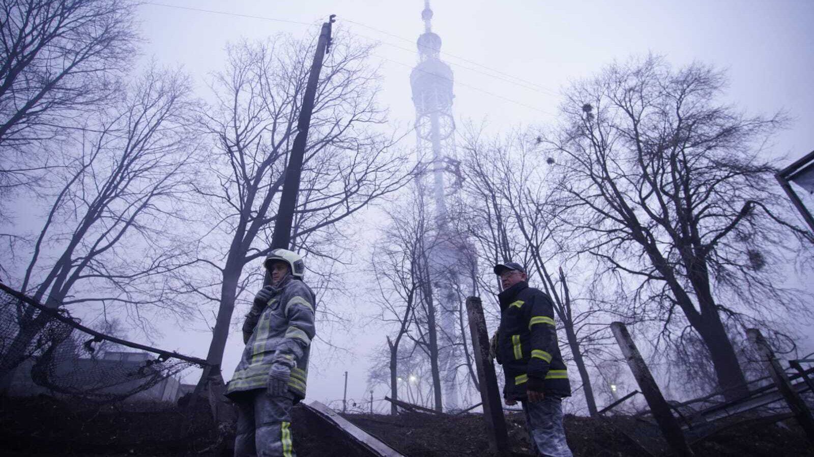 KYIV, UKRAINE - MARCH 01: (----EDITORIAL USE ONLY â MANDATORY CREDIT - "STATE EMERGENCY SERVICE OF UKRAINE / HANDOUT" - NO MARKETING NO ADVERTISING CAMPAIGNS - DISTRIBUTED AS A SERVICE TO CLIENTS----) Emergency crews respond after a missile caused damage near Kyiv's TV Tower in Ukrainian capital, Kyiv on March 01, 2022. (Photo by State Emergency Service of Ukraine / Handout/Anadolu Agency via Getty Images)