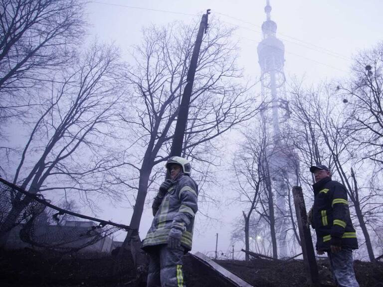 KYIV, UKRAINE - MARCH 01: (----EDITORIAL USE ONLY â MANDATORY CREDIT - "STATE EMERGENCY SERVICE OF UKRAINE / HANDOUT" - NO MARKETING NO ADVERTISING CAMPAIGNS - DISTRIBUTED AS A SERVICE TO CLIENTS----) Emergency crews respond after a missile caused damage near Kyiv's TV Tower in Ukrainian capital, Kyiv on March 01, 2022. (Photo by State Emergency Service of Ukraine / Handout/Anadolu Agency via Getty Images)