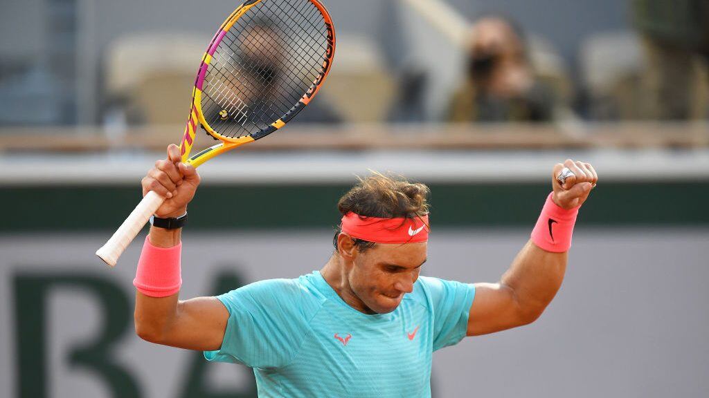 PARIS, FRANCE - OCTOBER 09: Rafael Nadal of Spain celebrates after winning match point during his Men's Singles semifinals match against Diego Schwartzman of Argentina on day thirteen of the 2020 French Open at Roland Garros on October 09, 2020 in Paris, France. (Photo by Shaun Botterill/Getty Images)