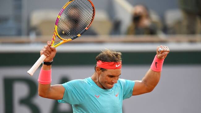 PARIS, FRANCE - OCTOBER 09: Rafael Nadal of Spain celebrates after winning match point during his Men's Singles semifinals match against Diego Schwartzman of Argentina on day thirteen of the 2020 French Open at Roland Garros on October 09, 2020 in Paris, France. (Photo by Shaun Botterill/Getty Images)