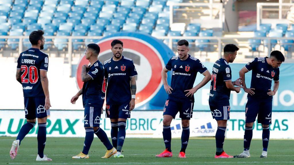 3 de Abril del 2021/RANCAGUAJugadores de Universidad de Chile se lamentan ,durante el partido valido por la Segunda fecha del Campeonato Nacional AFP PlanVital 2021, entre Universidad de Chile vs Huachipato, disputado en el Estadio el Teniente.
FOTO:FRANCISCO LONGA/AGENCIAUNO