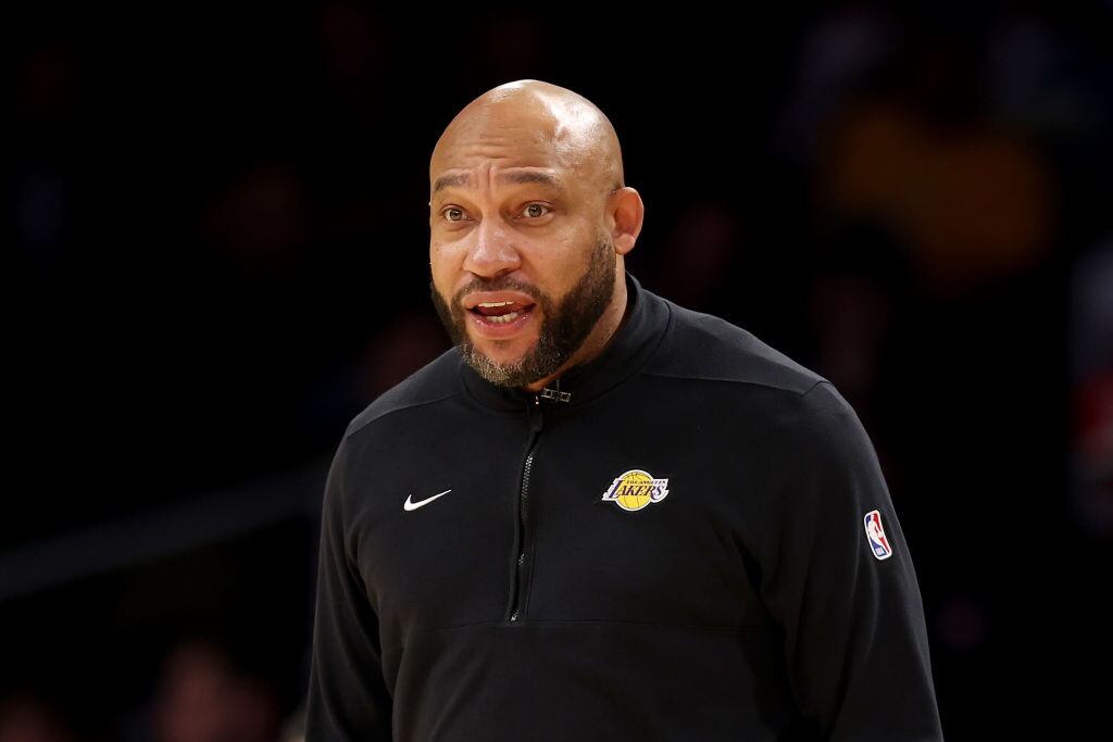 LOS ANGELES, CALIFORNIA - JANUARY 17: Head coach Darvin Ham of the Los Angeles Lakers looks on during the first quarter against the Dallas Mavericks  at Crypto.com Arena on January 17, 2024 in Los Angeles, California. NOTE TO USER: User expressly acknowledges and agrees that, by downloading and or using this photograph, User is consenting to the terms and conditions of the Getty Images License Agreement. (Photo by Katelyn Mulcahy/Getty Images)