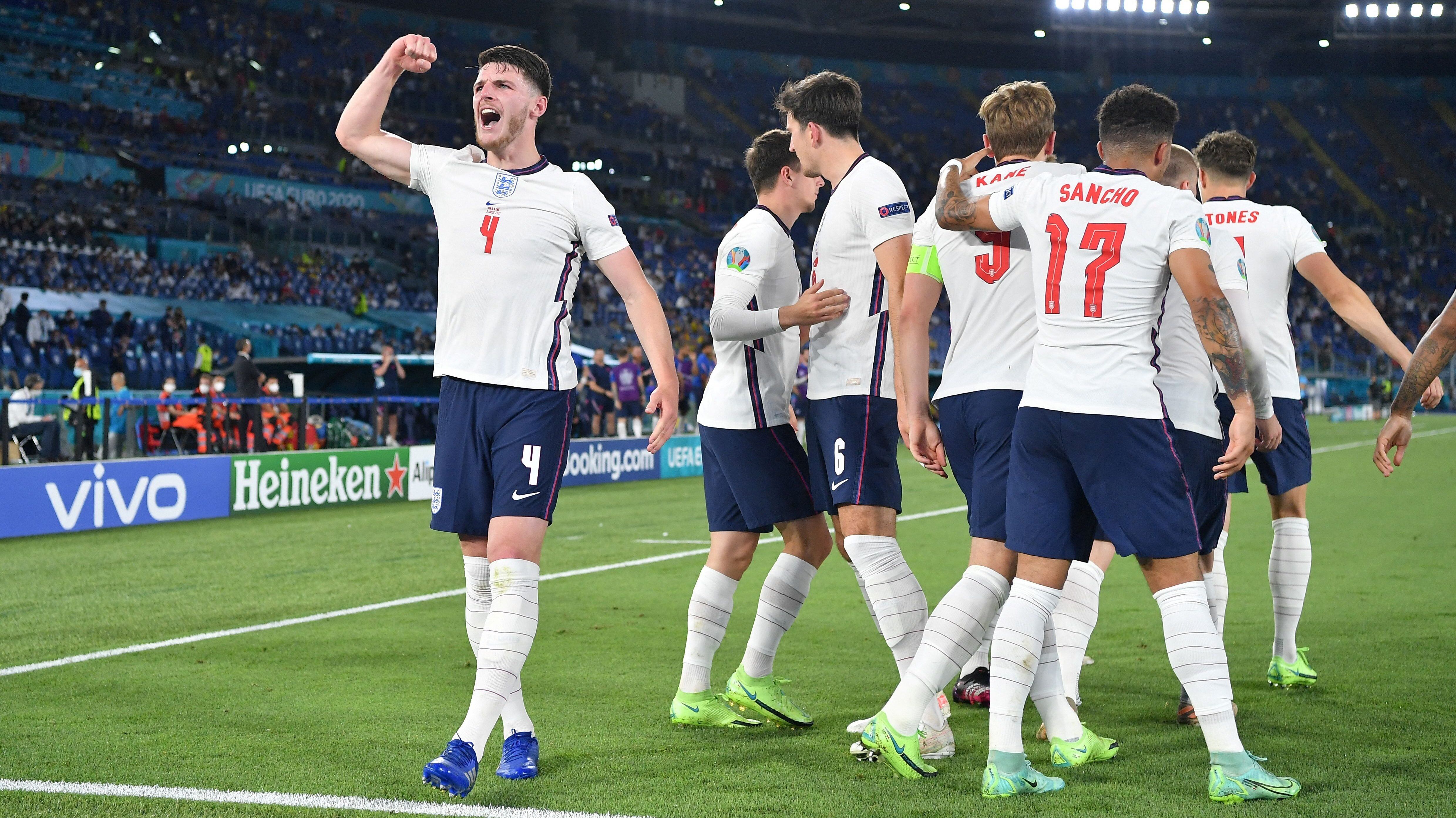 England's players celebrate their third goal during the UEFA EURO 2020 quarter-final football match between Ukraine and England at the Olympic Stadium in Rome on July 3, 2021. (Photo by Ettore Ferrari / POOL / AFP) (Photo by ETTORE FERRARI/POOL/AFP via Getty Images)