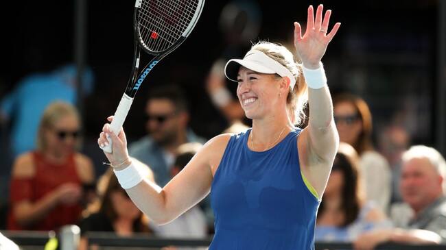 ADELAIDE, AUSTRALIA - FEBRUARY 27: Alexa Guarachi of Chile and Desirae Krawczyk of United States celebrates winning the game against Hayley Carter of United States and Luisa Stefani of Brazil in their doubles final match on day six of the Adelaide International tennis tournament at Memorial Drive on February 27, 2021 in Adelaide, Australia. (Photo by Peter Mundy/Speed Media/Icon Sportswire via Getty Images)