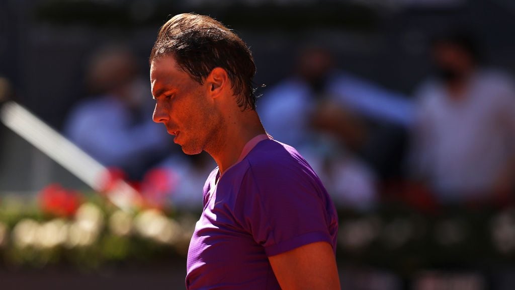 MADRID, SPAIN - MAY 07: Rafael Nadal of Spain reacts following their Quarter Final loss against Alexander Zverev of Germany during Day Nine of the Mutua Madrid Open at La Caja Magica on May 07, 2021 in Madrid, Spain. (Photo by Clive Brunskill/Getty Images)