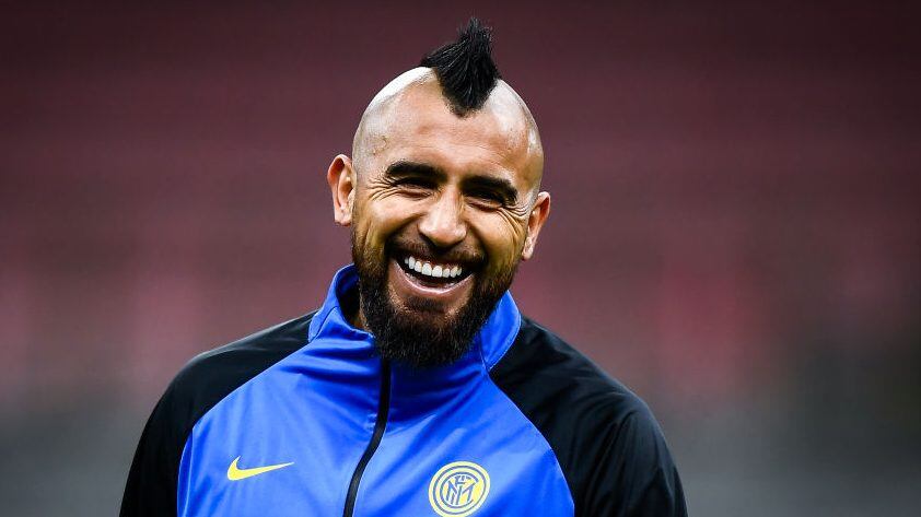 Arturo Vidal of FC Internazionale smiles during warm up