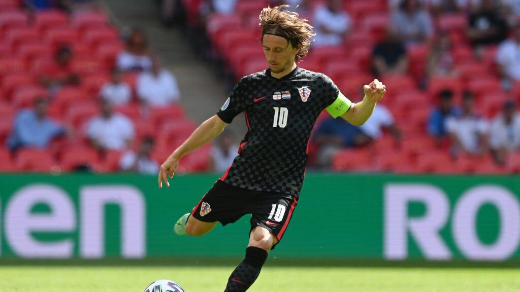 LONDON, ENGLAND - JUNE 13: Luka Modric of Croatia makes a pass during the UEFA Euro 2020 Championship Group D match between England and Croatia at Wembley Stadium on June 13, 2021 in London, England. (Photo by Shaun Botterill - UEFA/UEFA via Getty Images)