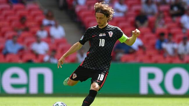LONDON, ENGLAND - JUNE 13: Luka Modric of Croatia makes a pass during the UEFA Euro 2020 Championship Group D match between England and Croatia at Wembley Stadium on June 13, 2021 in London, England. (Photo by Shaun Botterill - UEFA/UEFA via Getty Images)