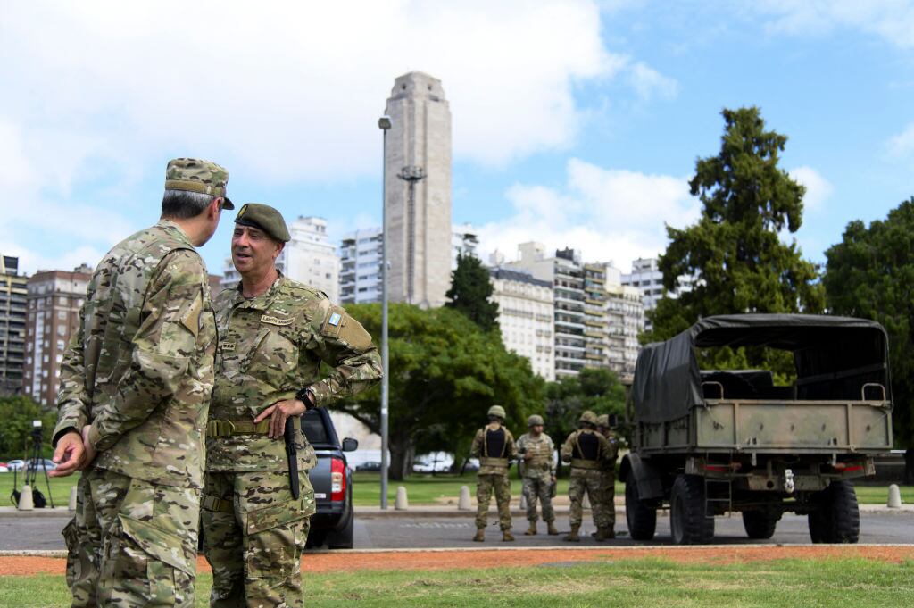 Members of the federal forces and army material are presented as logistical support for the fight against drug trafficking at the National Flag Monument in Rosario, Argentina, on March 19, 2024. (Photo by STRINGER / AFP) (Photo by STRINGER/AFP via Getty Images)