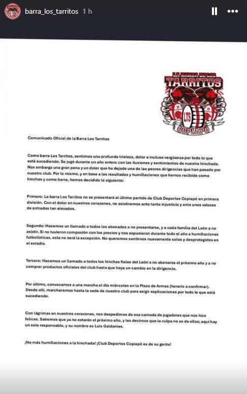 El polémico llamado de la barra oficial de Deportes Copiapó a sus hinchas pensando en Colo Colo | Instagram